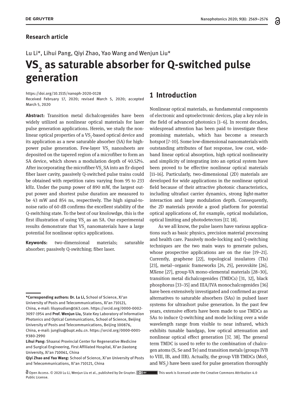 VS As Saturable Absorber for Q-Switched Pulse Generation