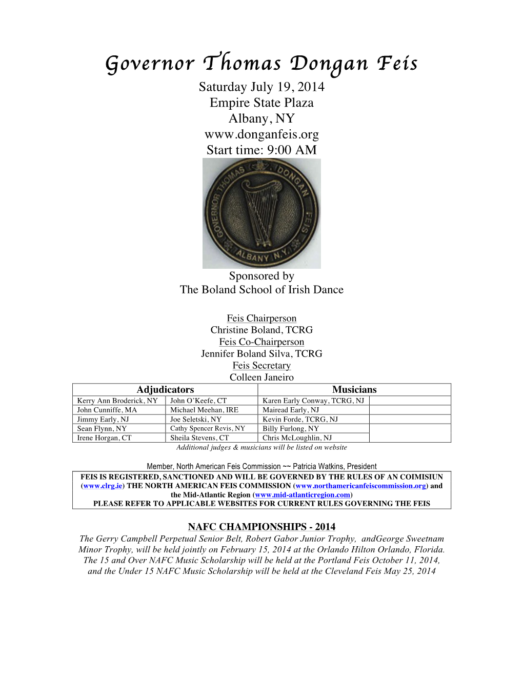 27Th Annual Governor Thomas Dongan Feis