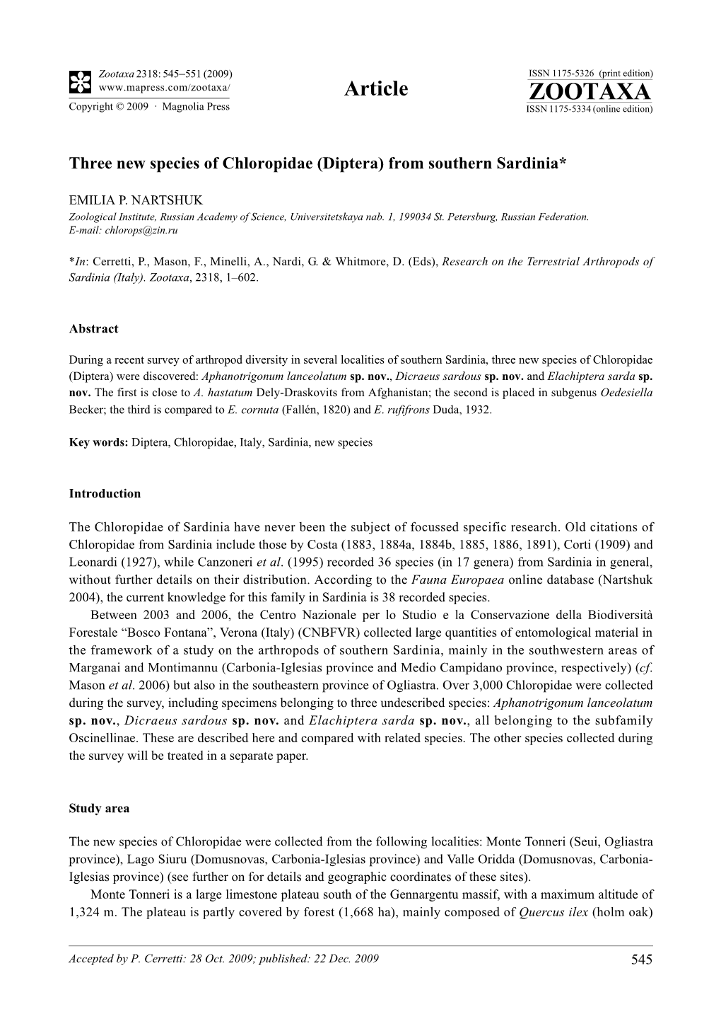 Zootaxa, Three New Species of Chloropidae (Diptera) From