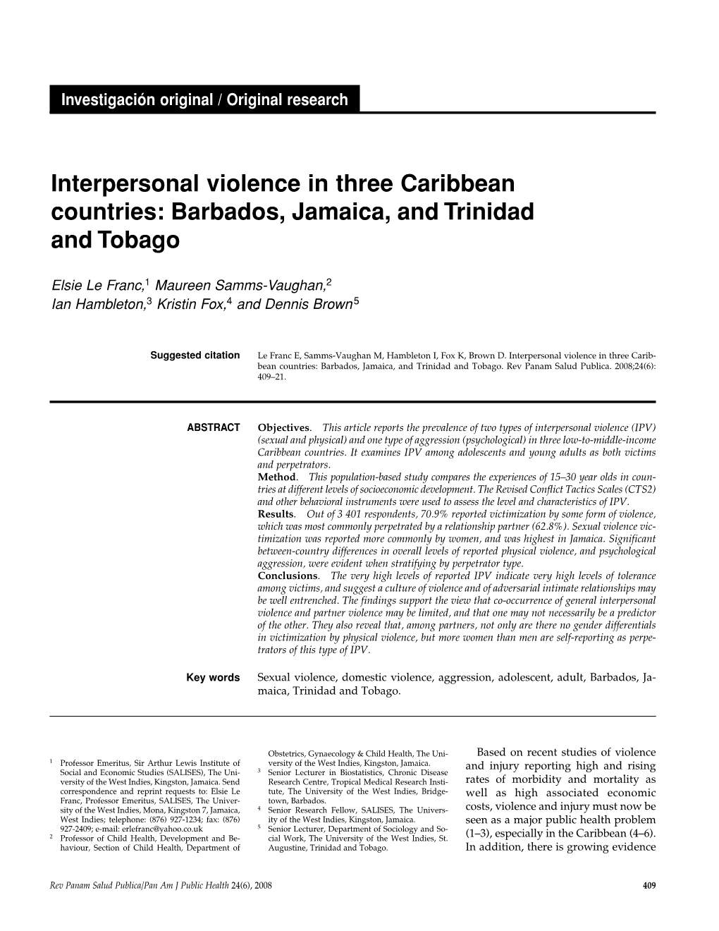 Interpersonal Violence in Three Caribbean Countries: Barbados, Jamaica, and Trinidad and Tobago