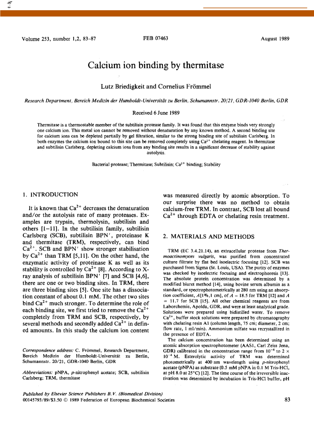 Calcium Ion Binding by Thermitase