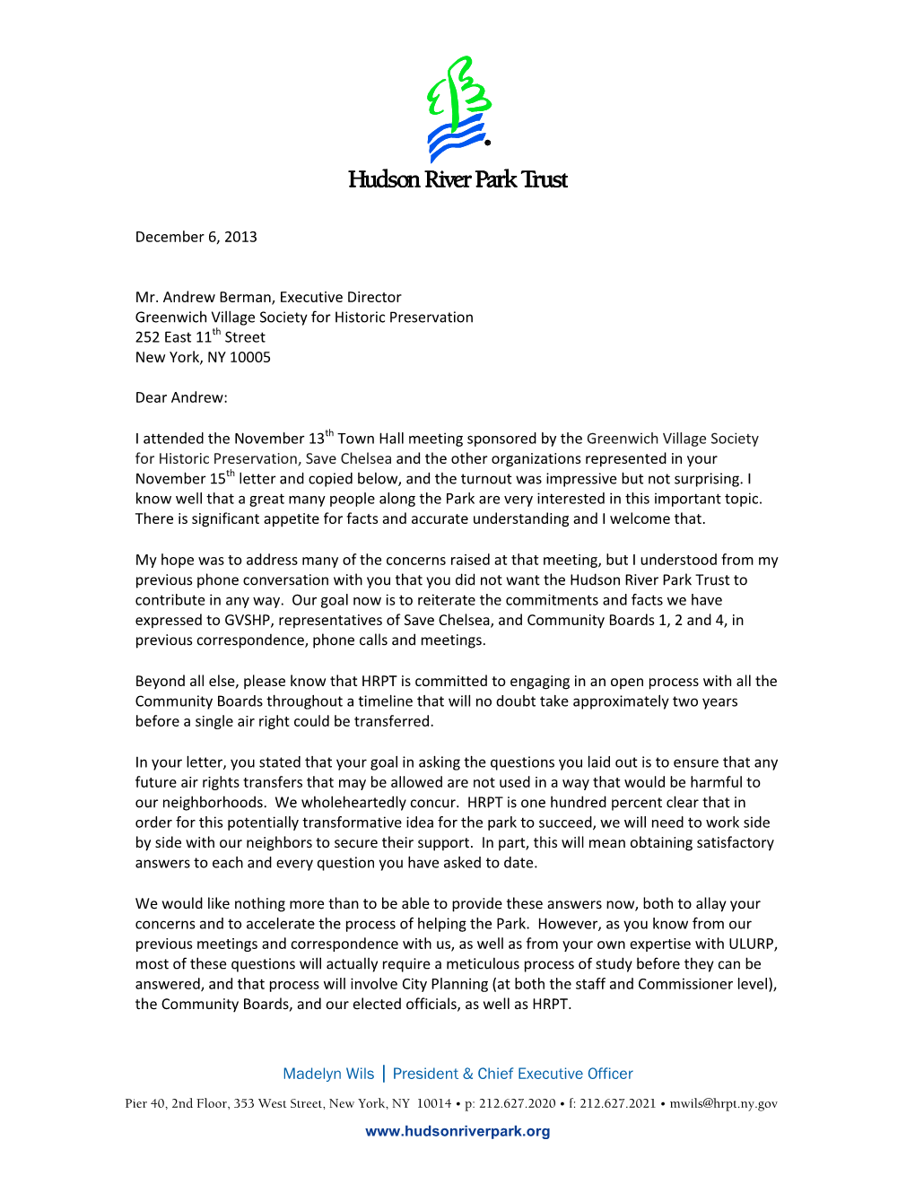 Response from Hudson River Park Trust About Air Rights Questions