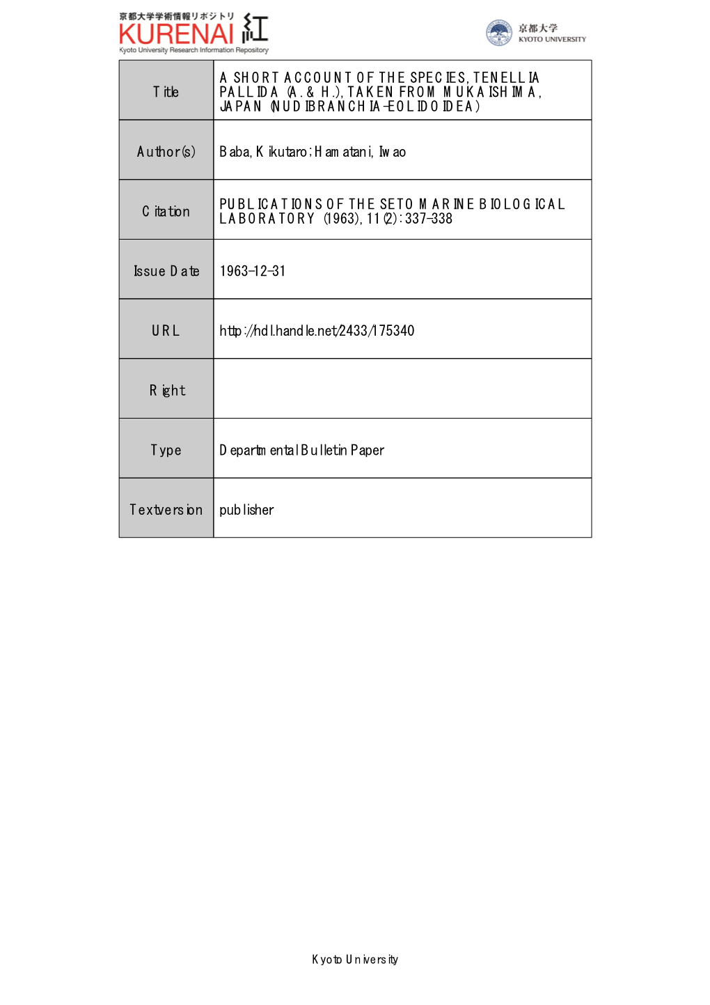 Title a SHORT ACCOUNT of the SPECIES, TENELLIA PALLIDA (A