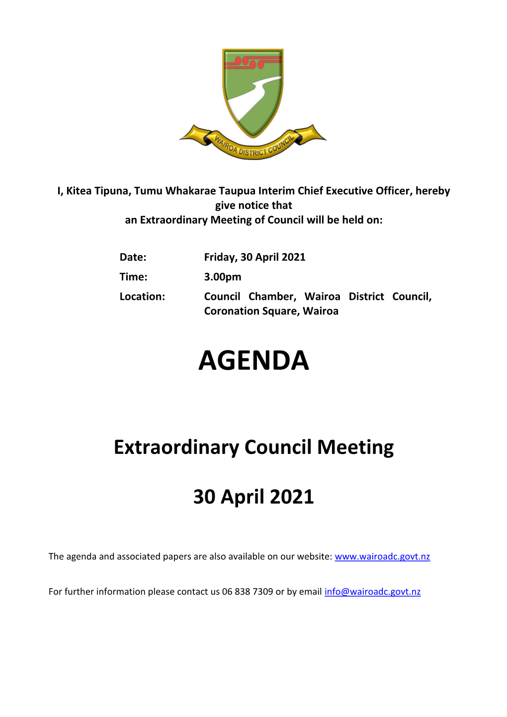 Agenda of Extraordinary Council Meeting