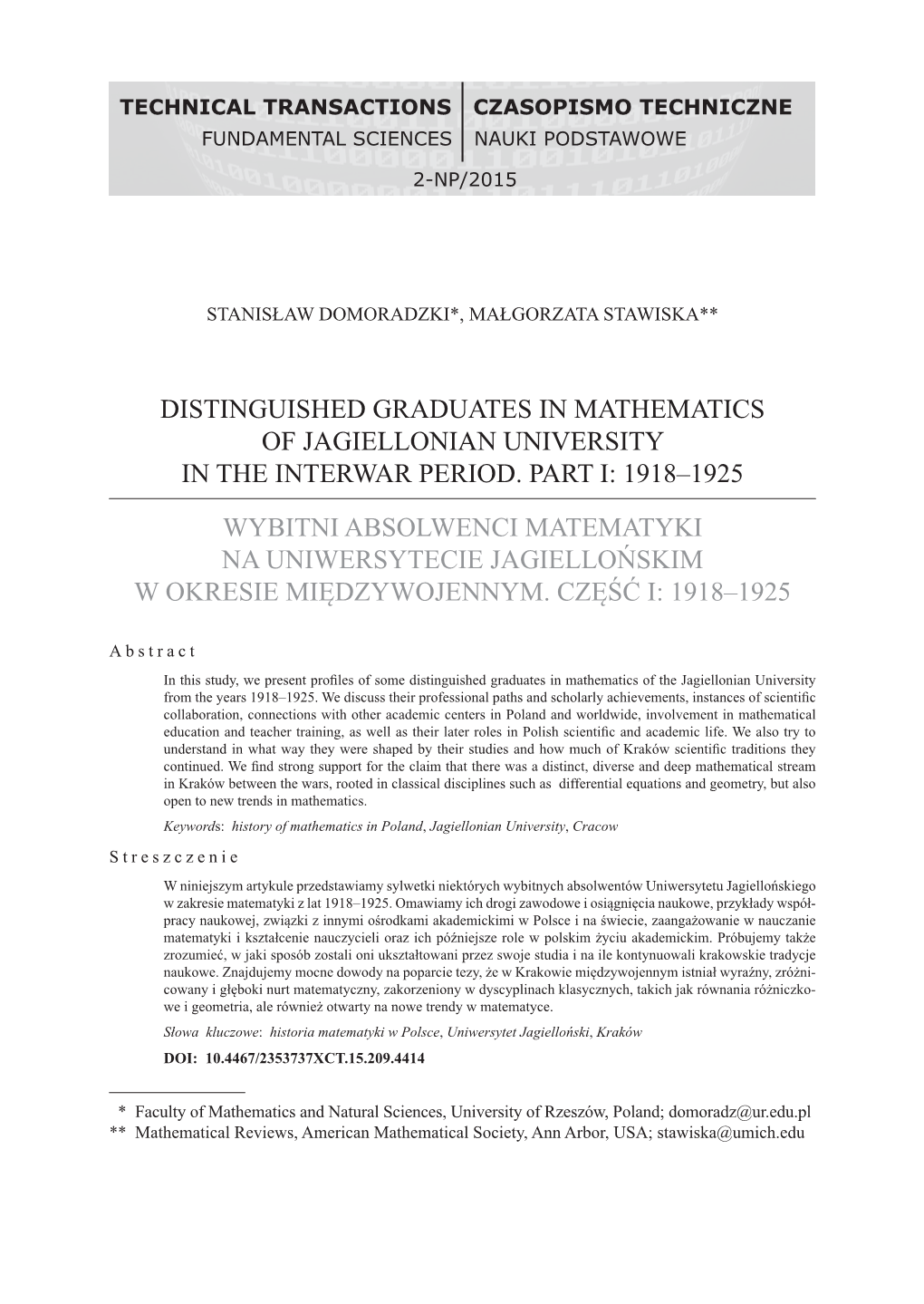 Distinguished Graduates in Mathematics of Jagiellonian University in the Interwar Period