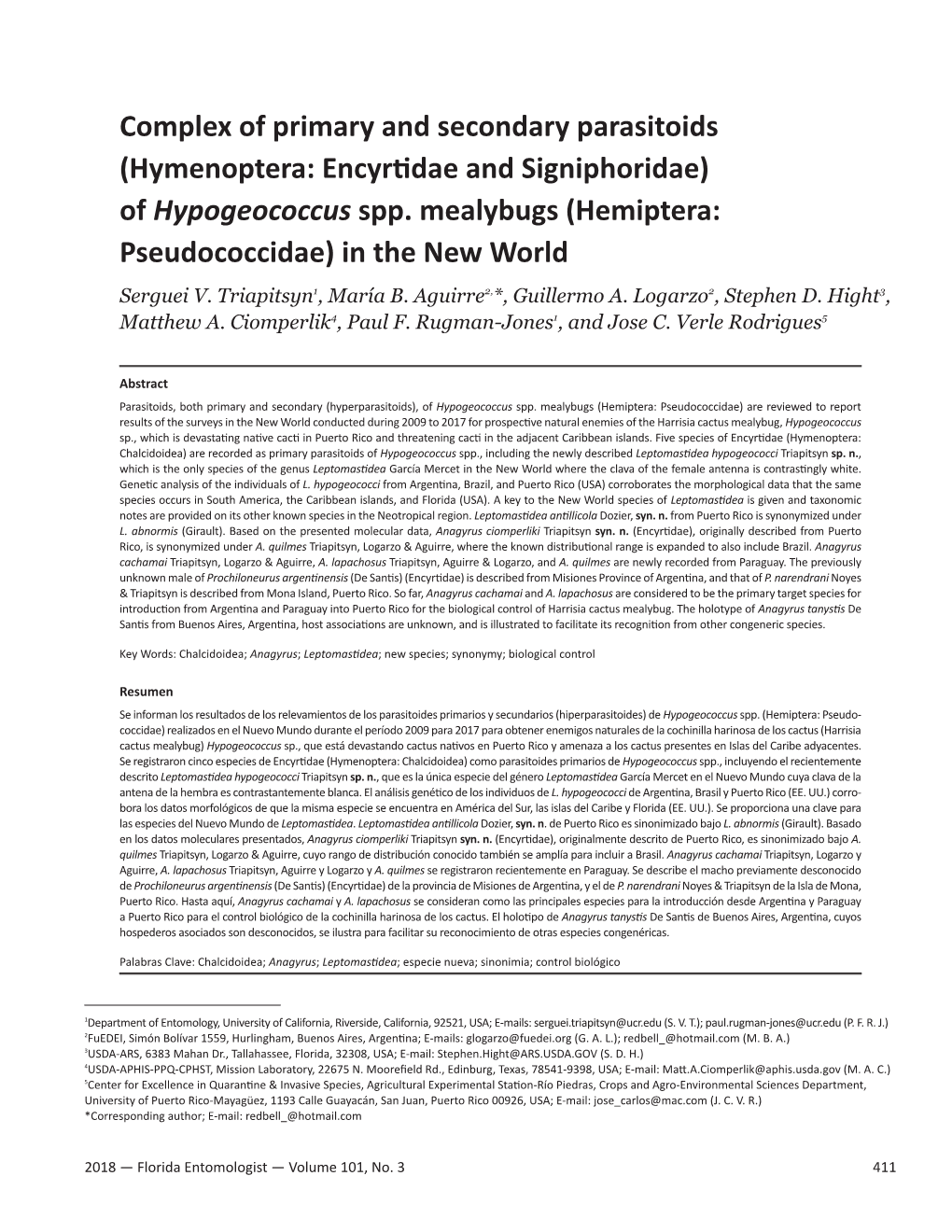 Hymenoptera: Encyrtidae and Signiphoridae) of Hypogeococcus Spp