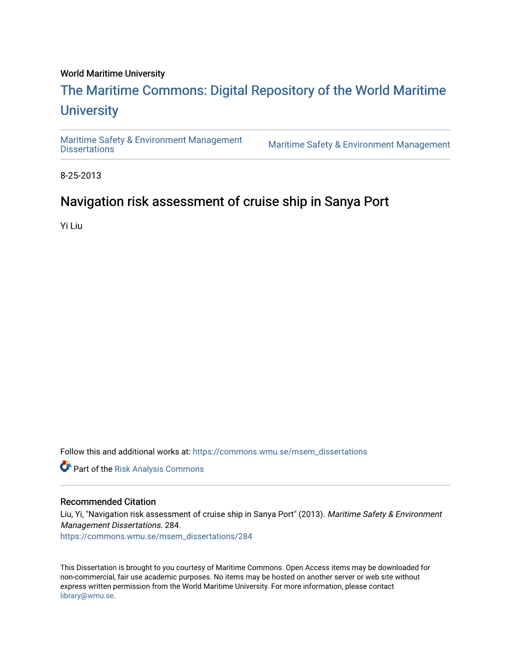 Navigation Risk Assessment of Cruise Ship in Sanya Port