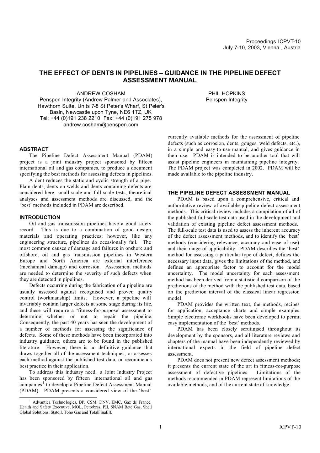 The Effect of Dents in Pipelines – Guidance in the Pipeline Defect Assessment Manual