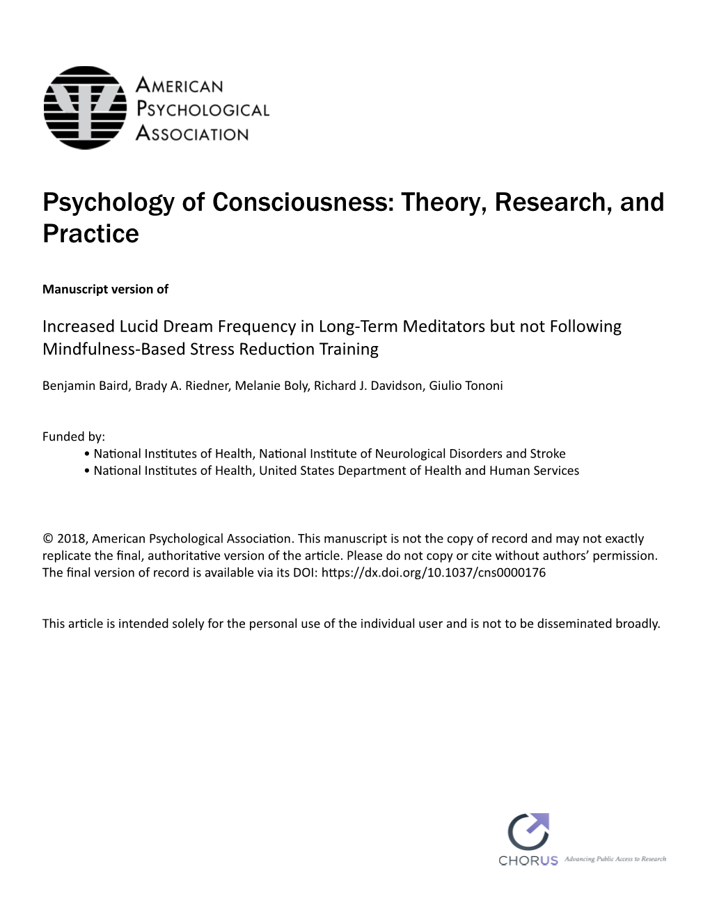 Psychology of Consciousness: Theory, Research, and Practice