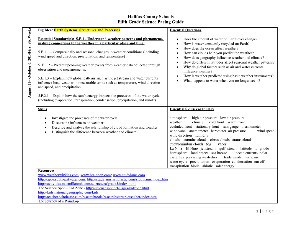 Fifth Grade Science Pacing Guide