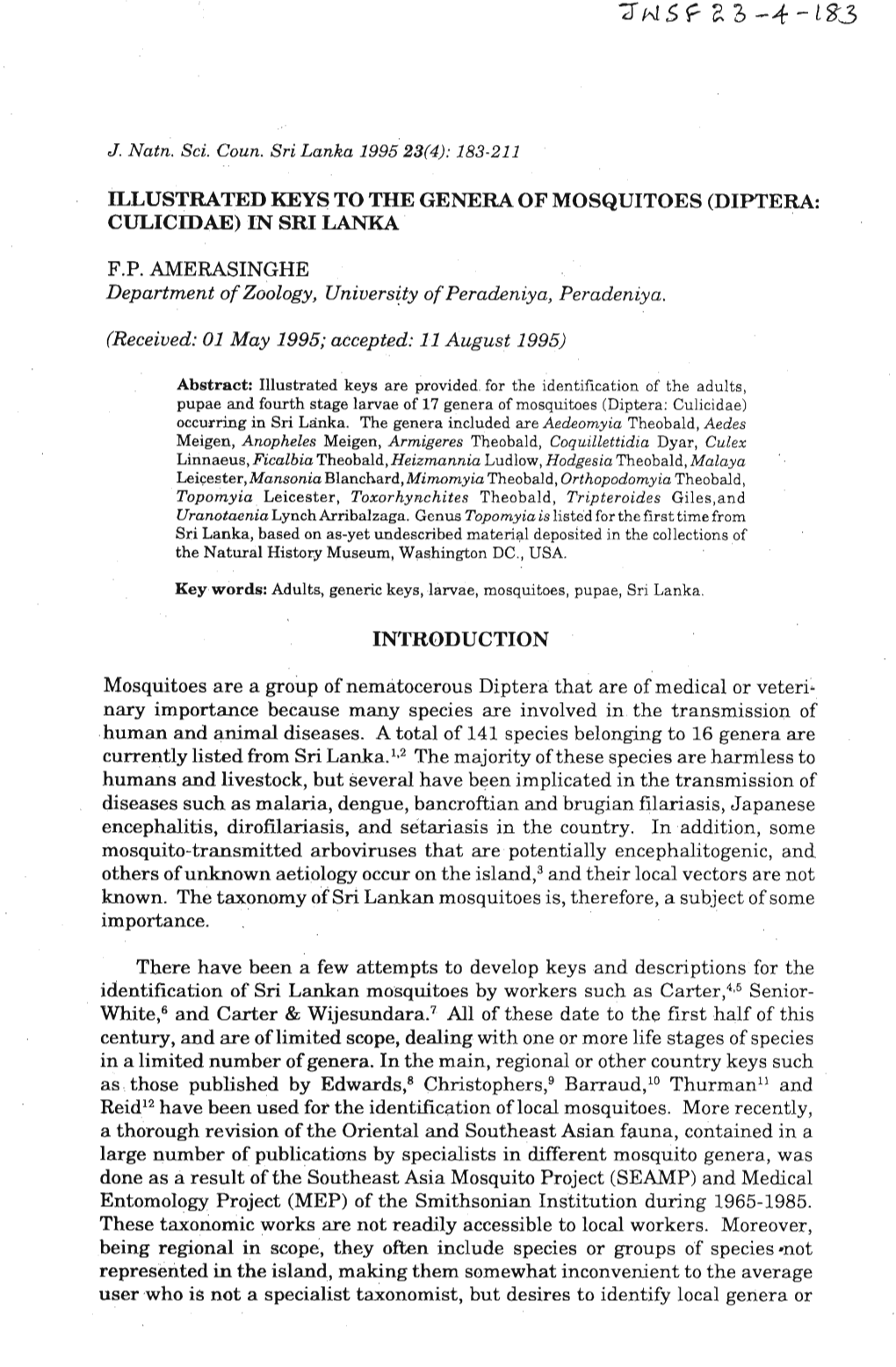 Illustrated Keys to the Genera of Mosquitoes (Diptera: Culicidae) in Sri Lanka