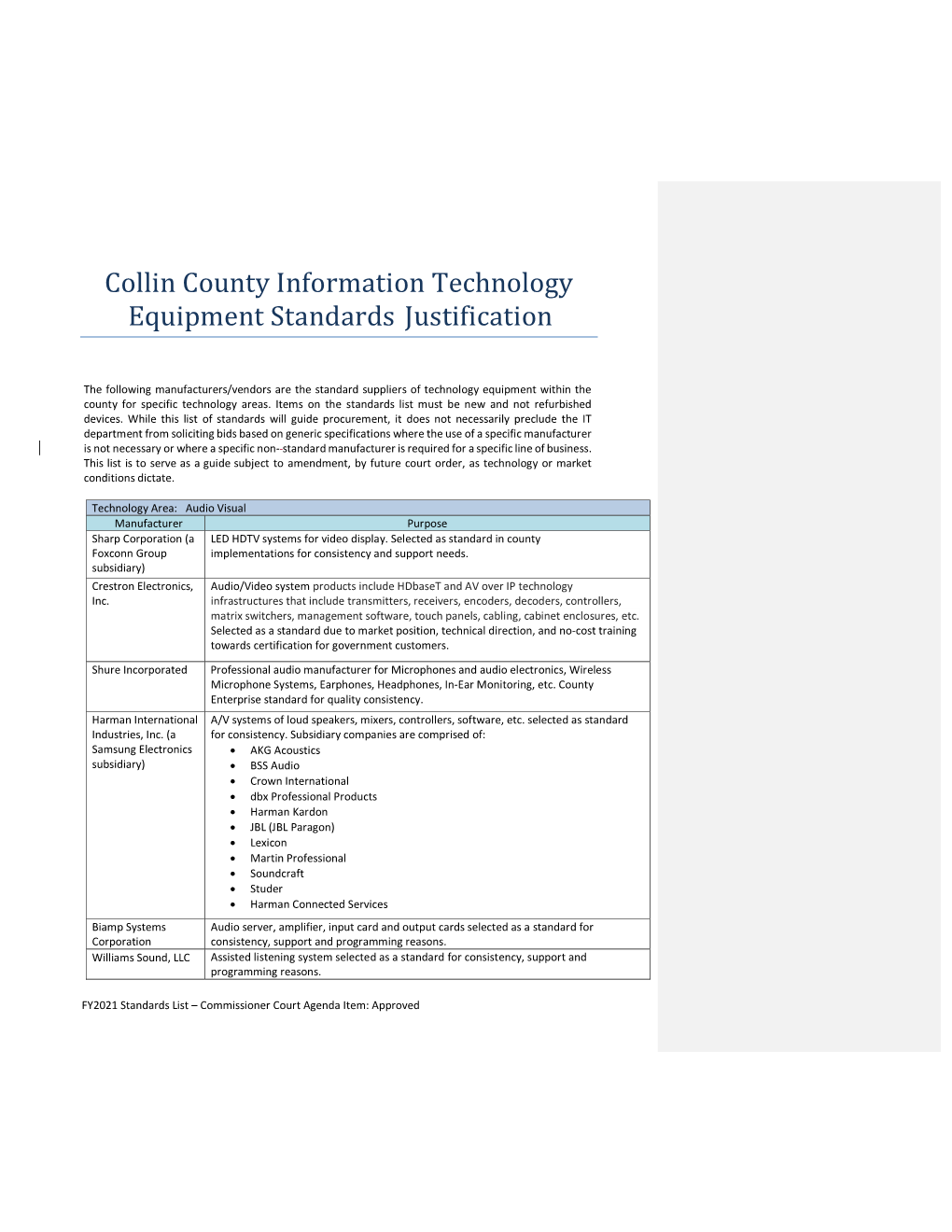 Collin County Information Technology Equipment Standards Justification