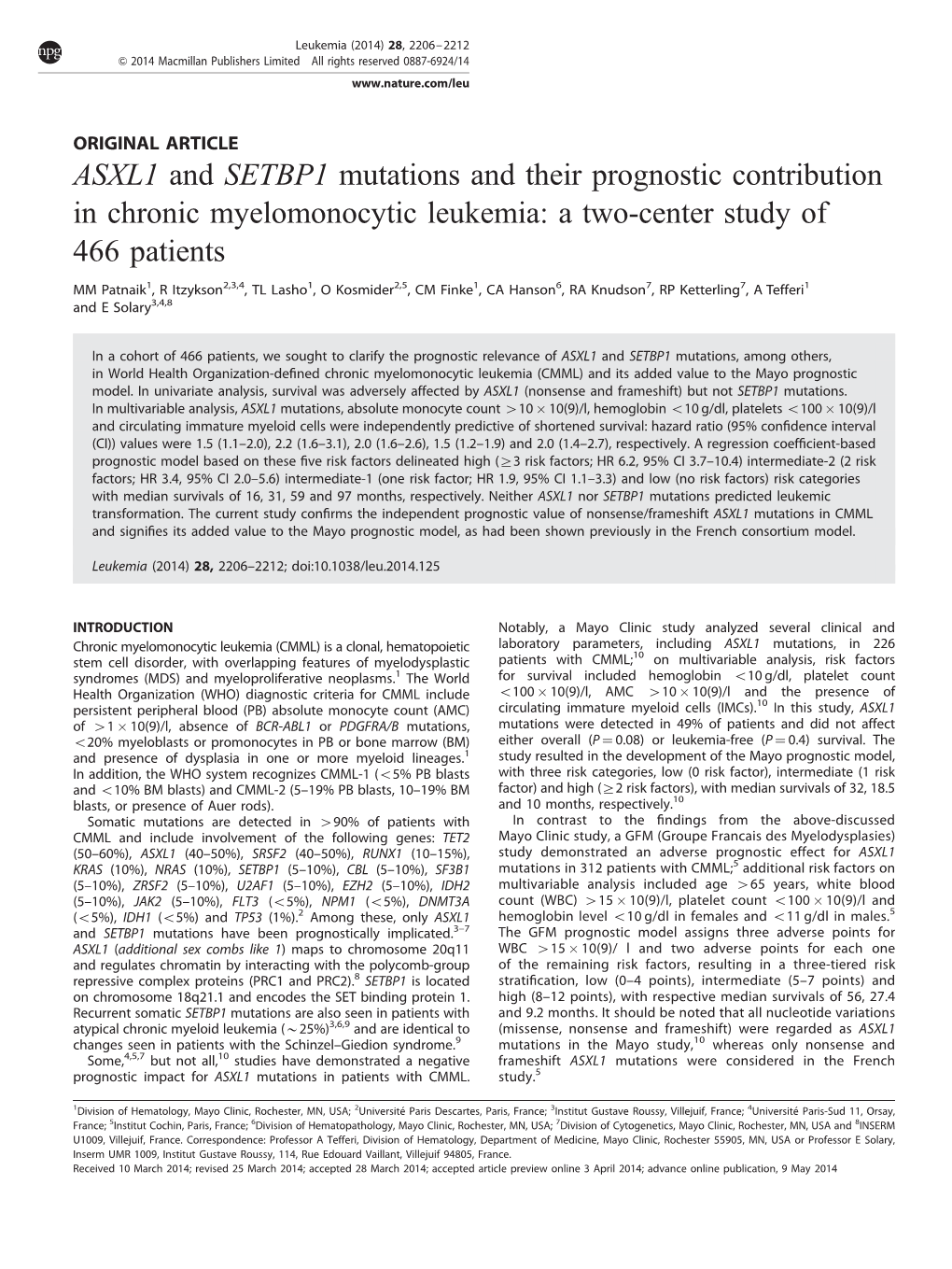 ASXL1 and SETBP1 Mutations and Their Prognostic Contribution in Chronic Myelomonocytic Leukemia: a Two-Center Study of 466 Patients