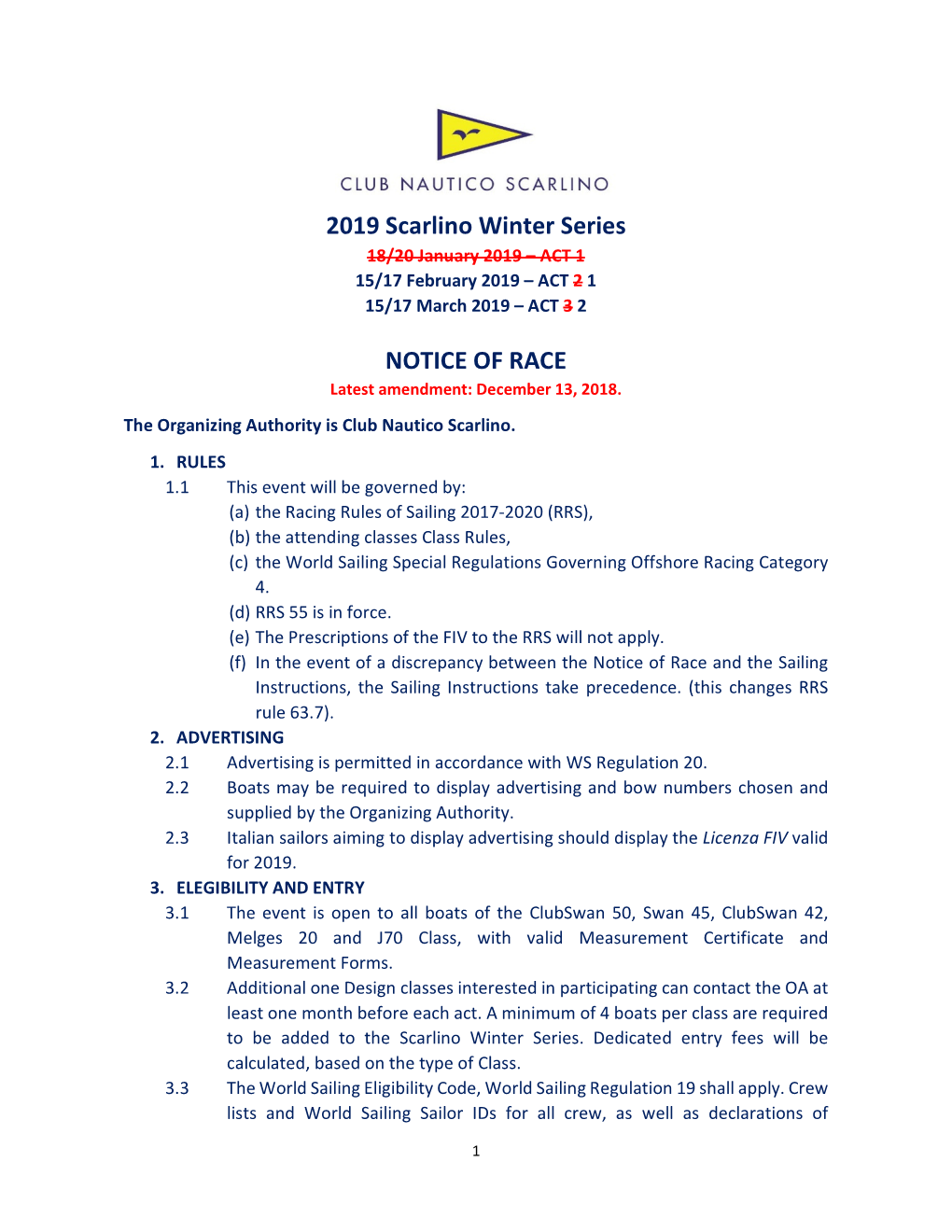 2019 Scarlino Winter Series NOTICE of RACE