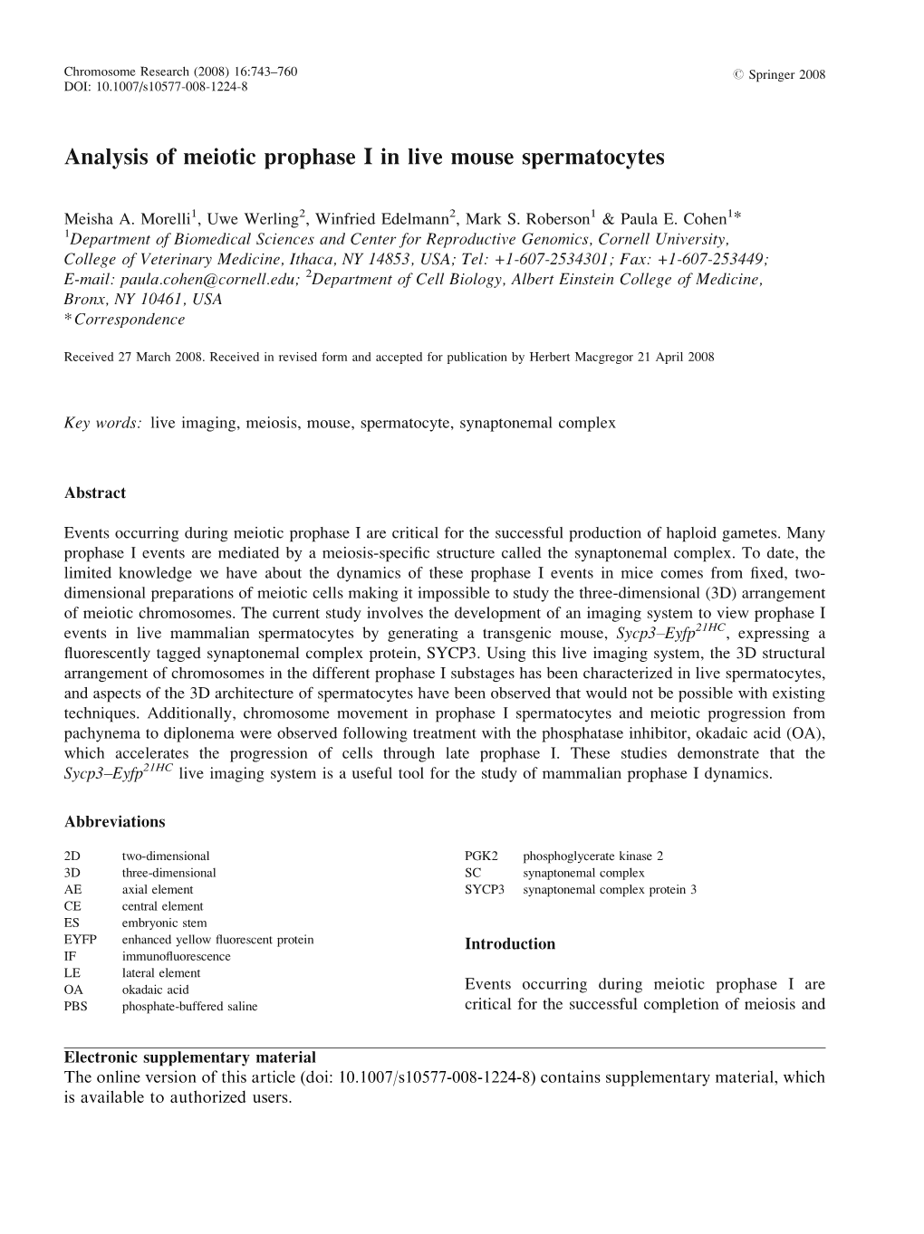 Analysis of Meiotic Prophase I in Live Mouse Spermatocytes