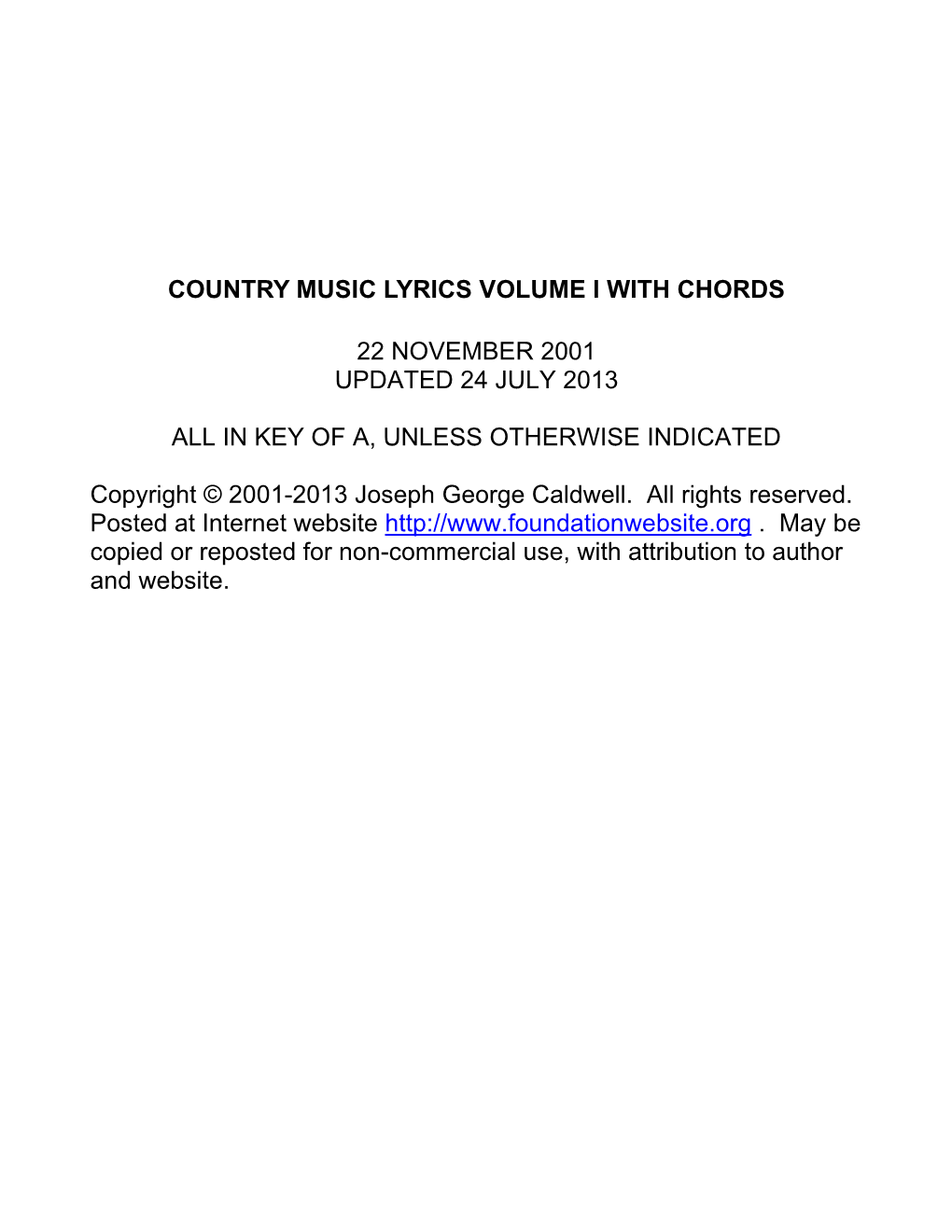 Country Music Lyrics Volume 1 with Chords