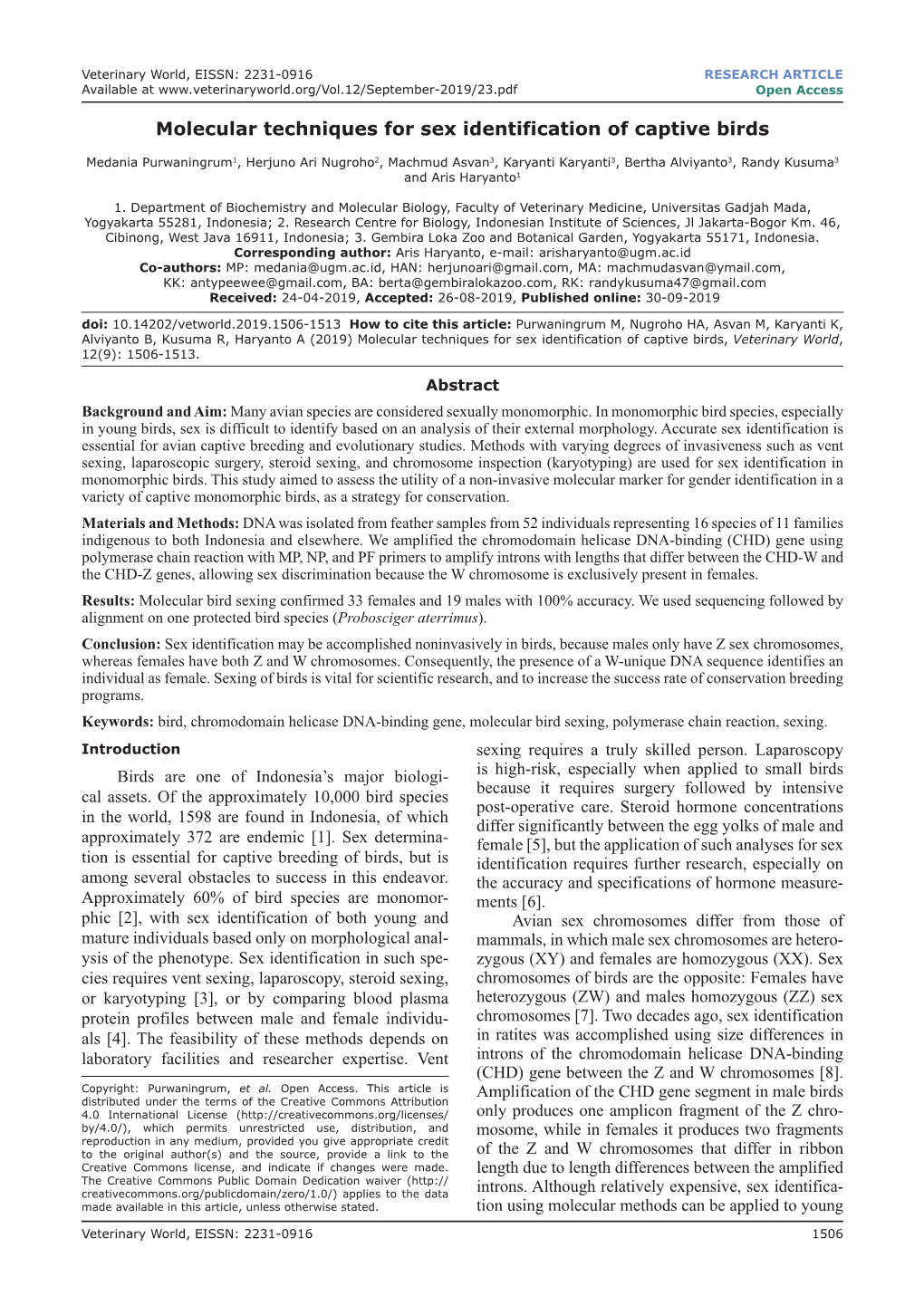 Molecular Techniques for Sex Identification of Captive Birds