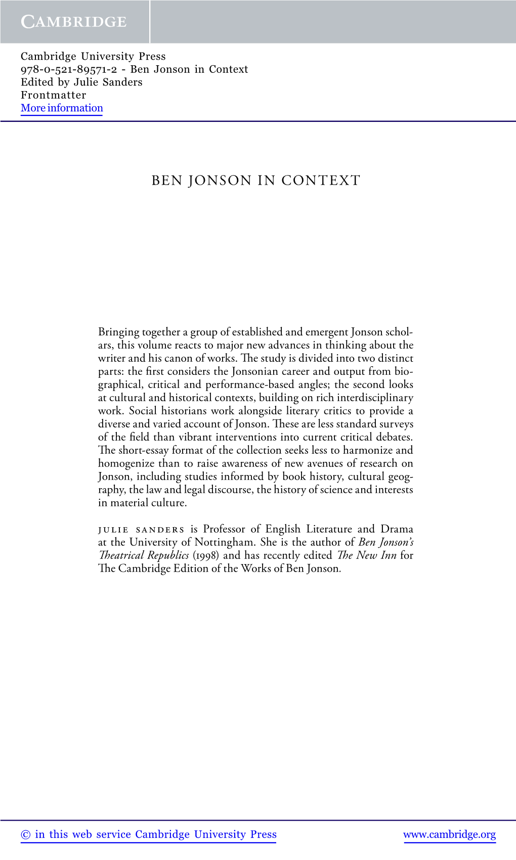 Ben Jonson in Context Edited by Julie Sanders Frontmatter More Information