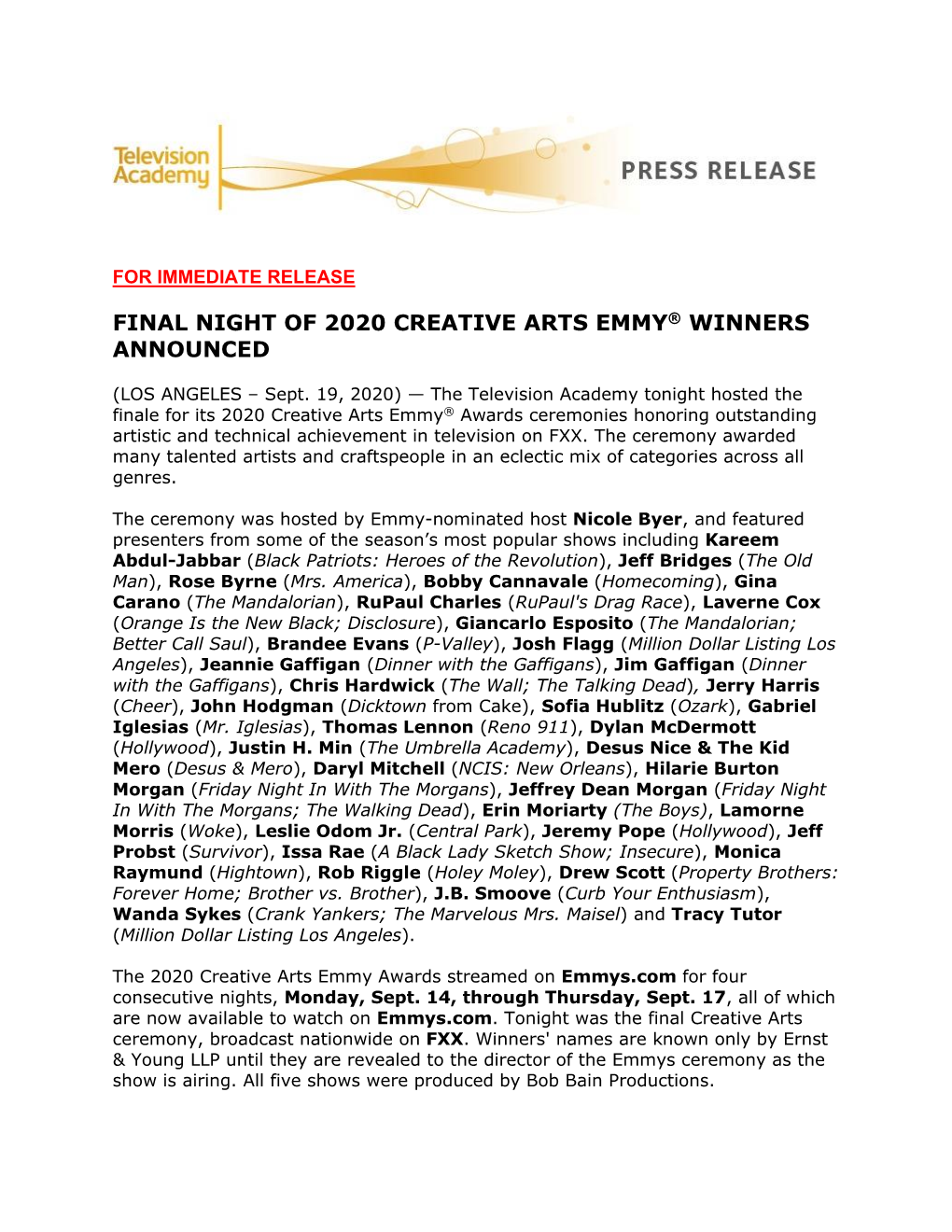 Final Night of 2020 Creative Arts Emmy® Winners Announced