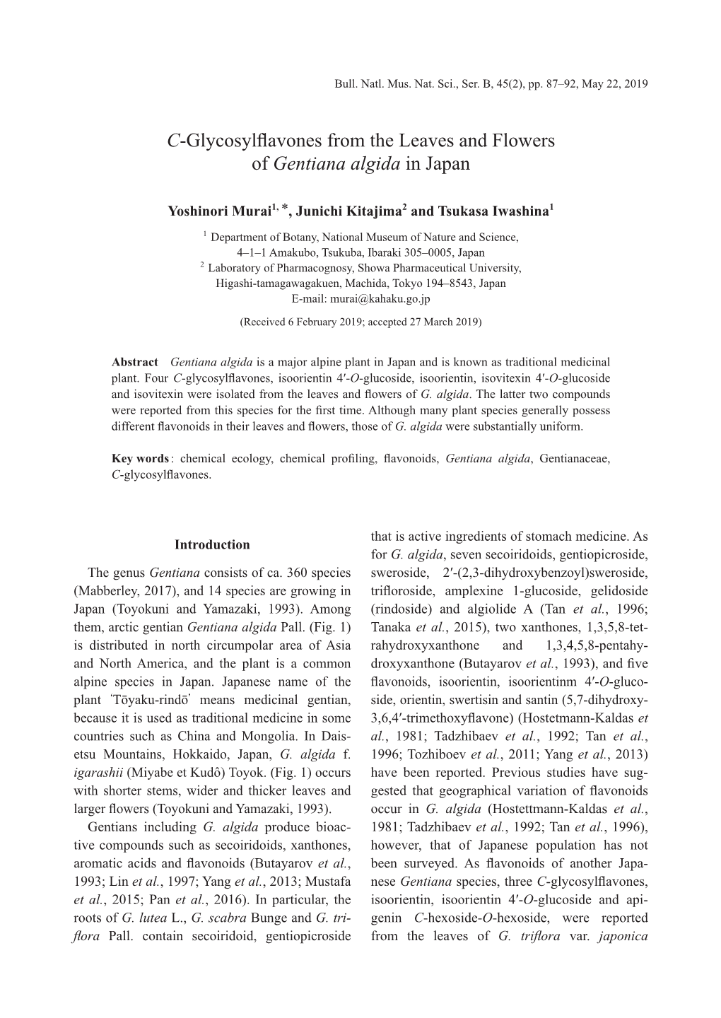 C-Glycosylflavones from the Leaves and Flowers of Gentiana Algida In