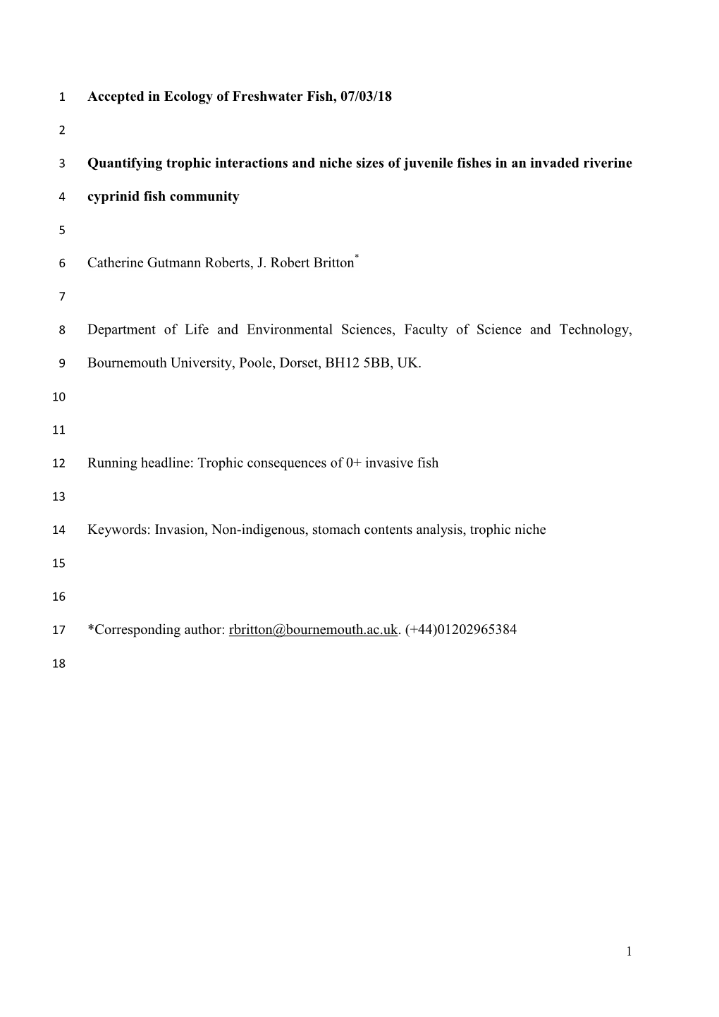 Accepted in Ecology of Freshwater Fish, 07/03/18 Quantifying Trophic