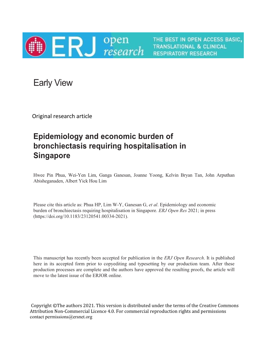Epidemiology and Economic Burden of Bronchiectasis Requiring Hospitalisation in Singapore