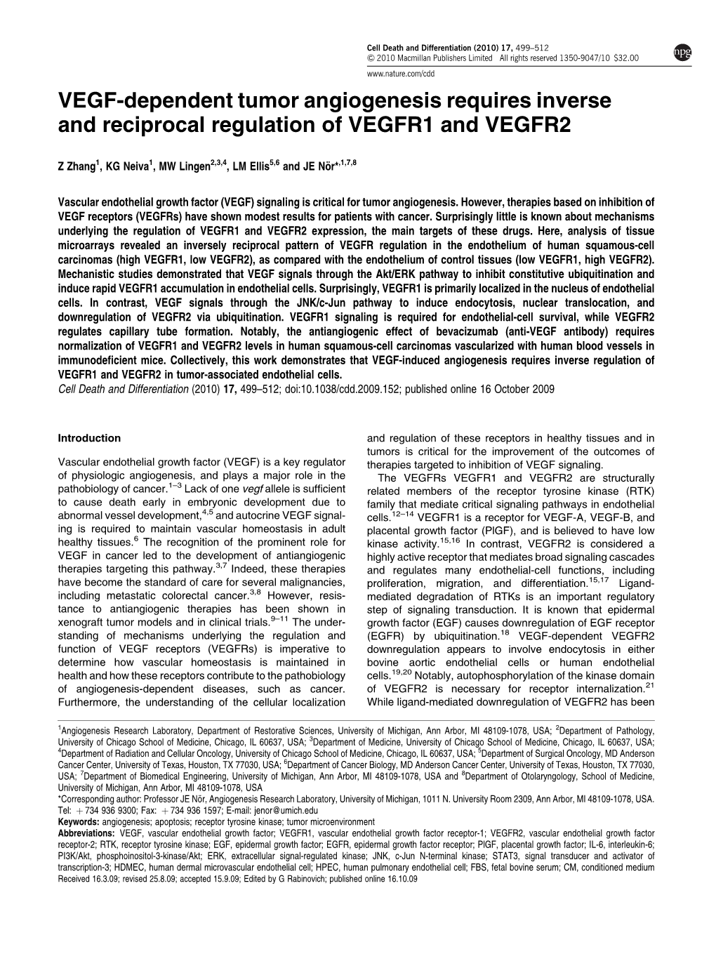VEGF-Dependent Tumor Angiogenesis Requires Inverse and Reciprocal Regulation of VEGFR1 and VEGFR2