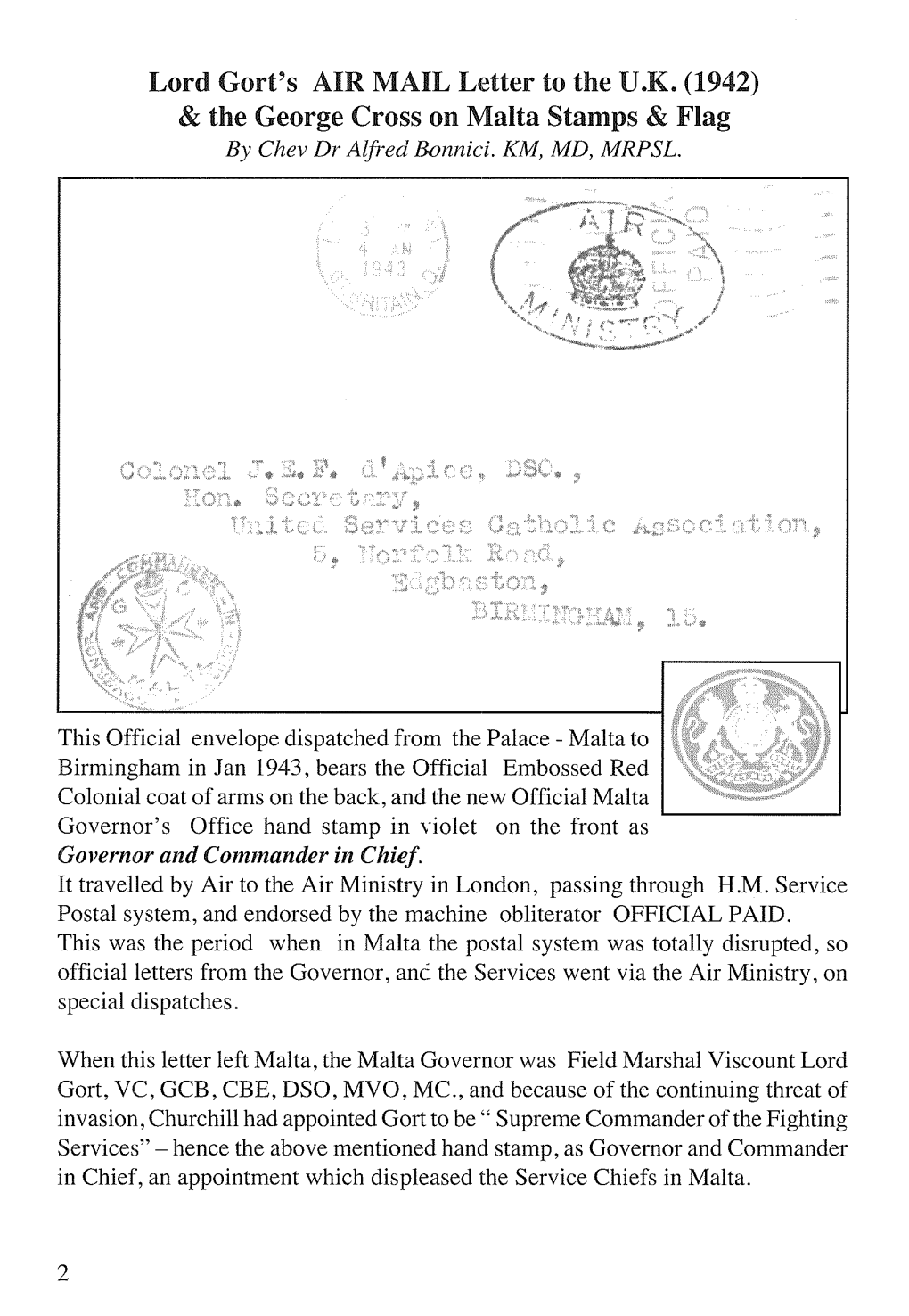 Lord Gort's AIR MAIL Letter to the U.K. (1942) & the George Cross on Malta Stamps & Flag