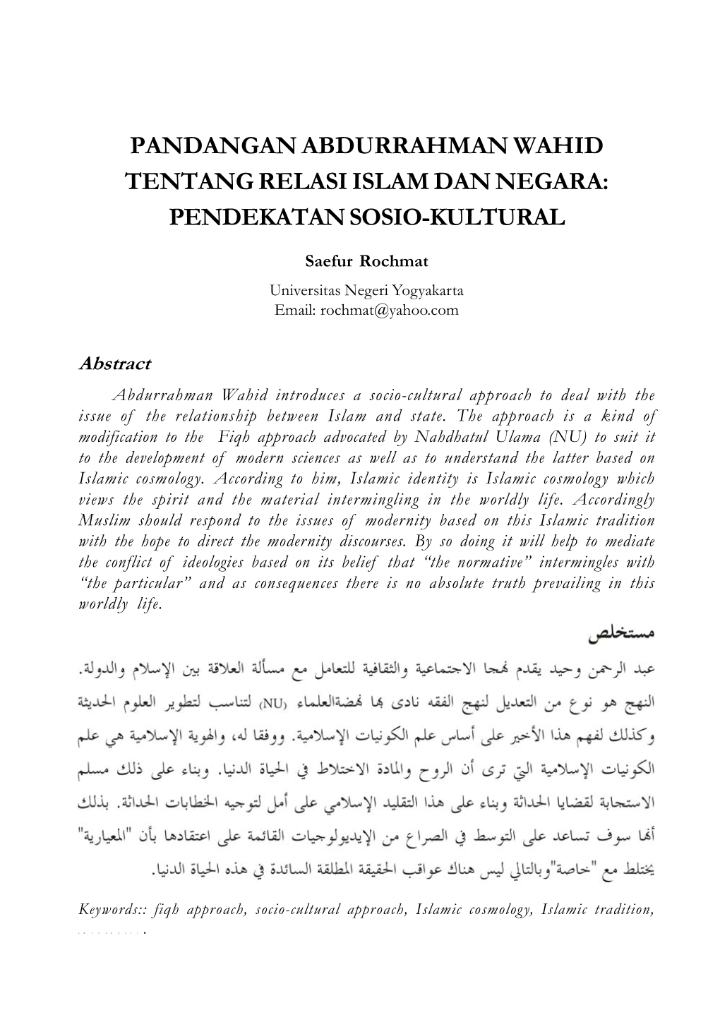 Pandangan Abdurrahman Wahid Tentang Relasi Islam Dan Negara: Pendekatan Sosio-Kultural