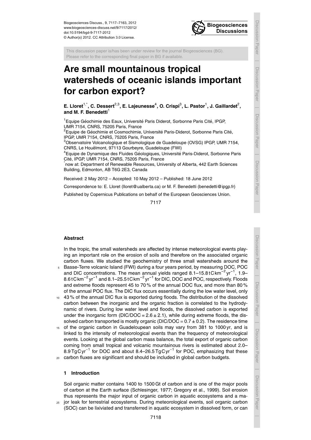 Are Small Mountainous Tropical Watersheds of Oceanic Islands Important for Carbon Export? E