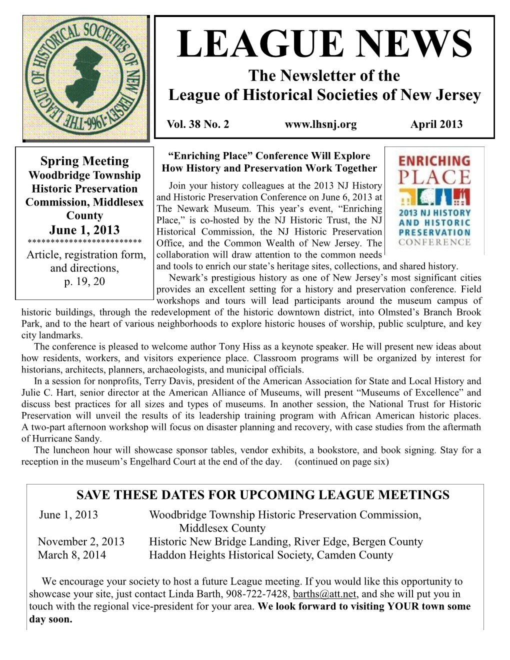 LEAGUE NEWS the Newsletter of the League of Historical Societies of New Jersey