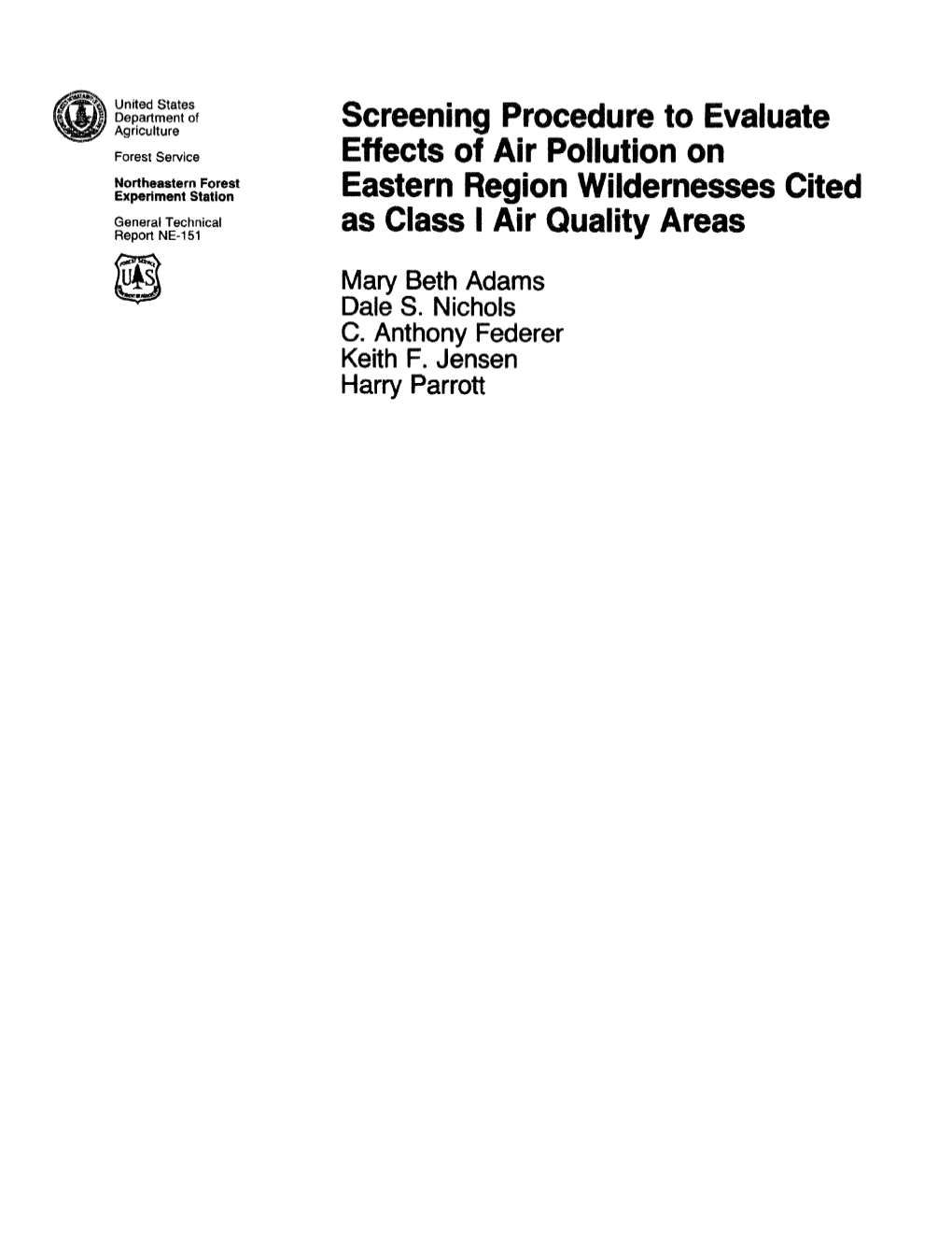 Screening Procedure to Evaluate Effects of Air Pollution on Eastern Region Wildernesses Cited As Class I Air Quality Areas