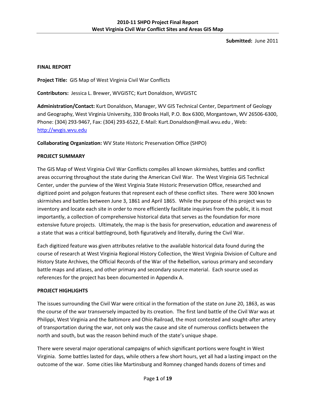 2010-11 SHPO Project Final Report West Virginia Civil War Conflict Sites and Areas GIS Map Page 1 of 19 Submitted: June 2011