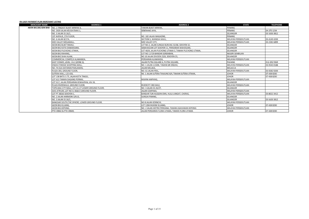 Merchant Name Address 1 Address 2 State Telephone Aeon Big (M) Sdn Bhd No