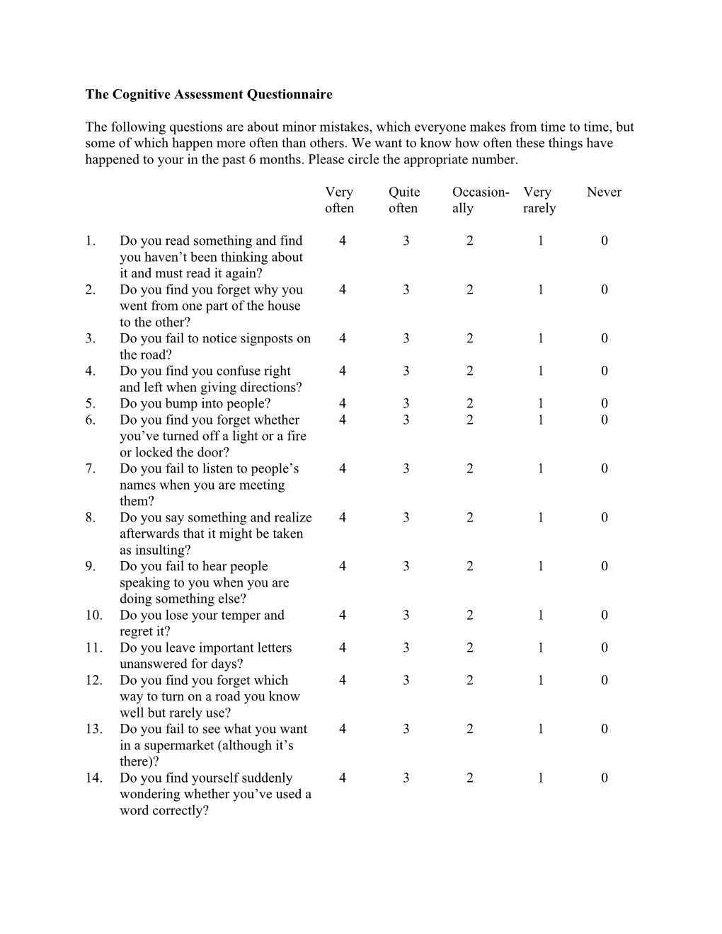 Cognitive Assessment Questionnaire