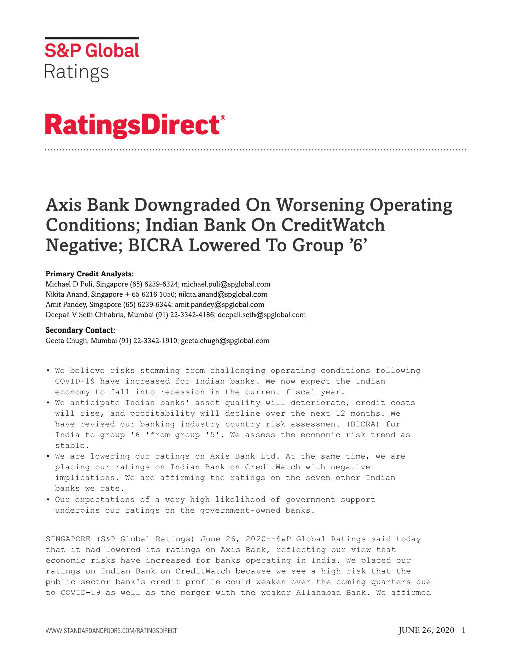 Axis Bank Downgraded on Worsening Operating Conditions; Indian Bank on Creditwatch Negative; BICRA Lowered to Group '6'