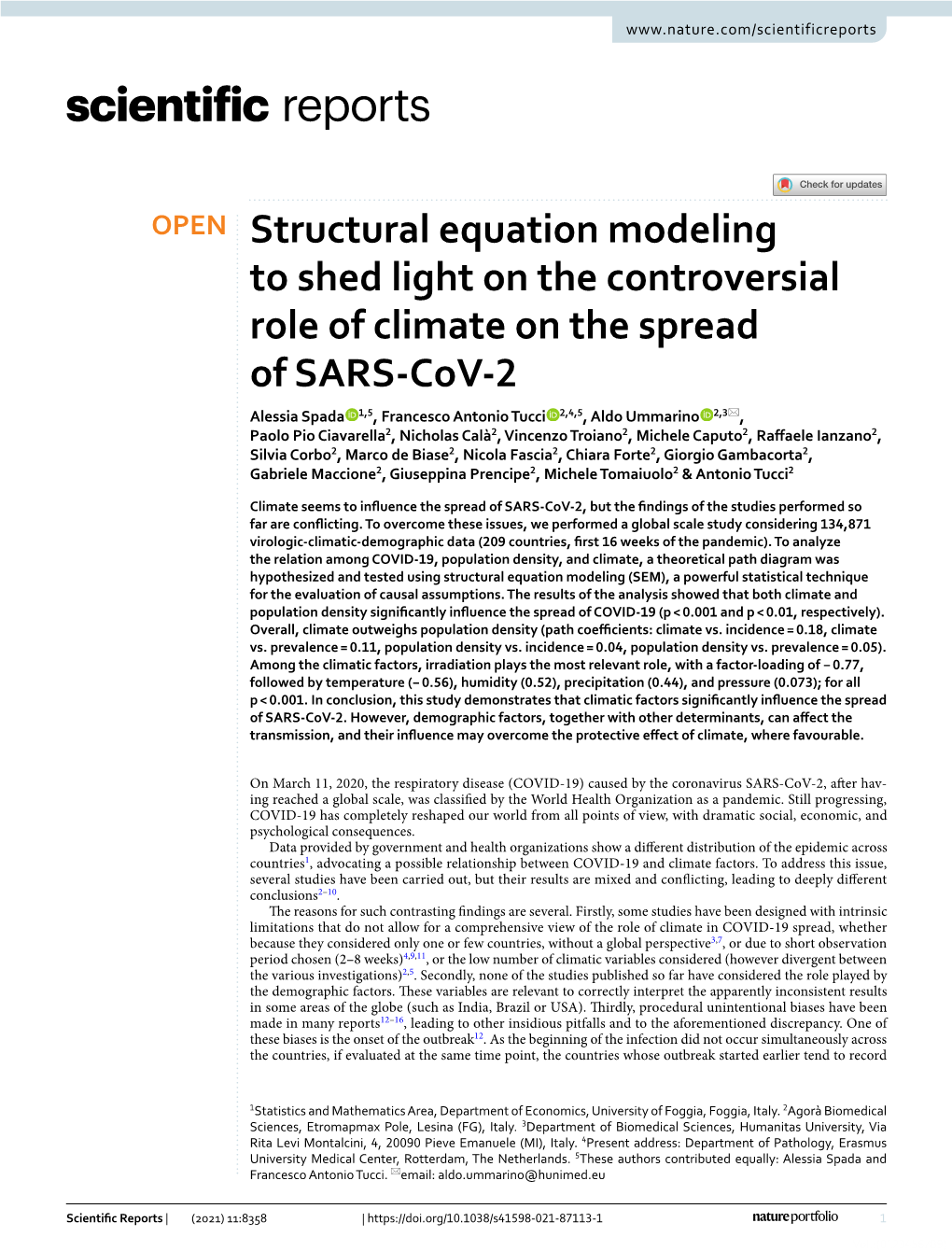 Structural Equation Modeling to Shed Light on the Controversial Role of Climate on the Spread of SARS-Cov-2