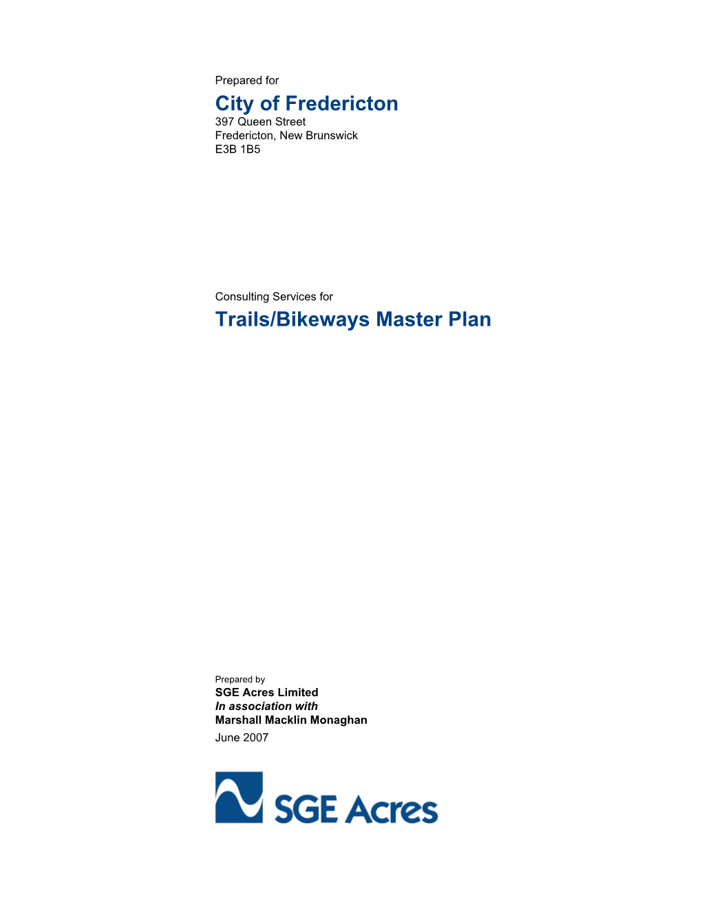 City of Fredericton Trails/Bikeways Master Plan