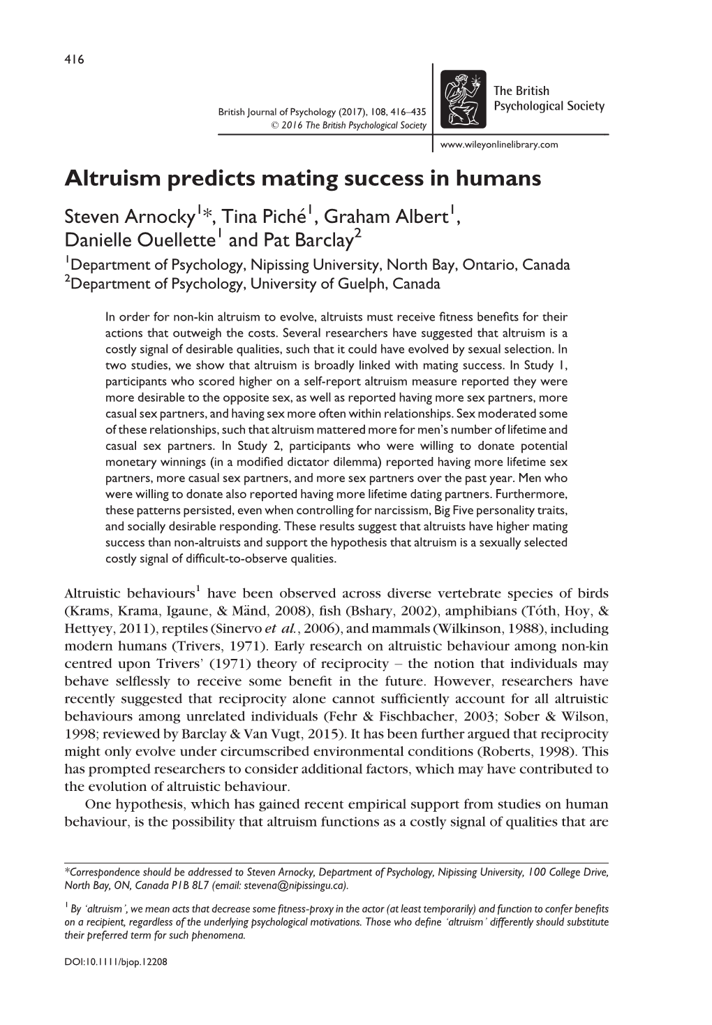 Altruism Predicts Mating Success in Humans