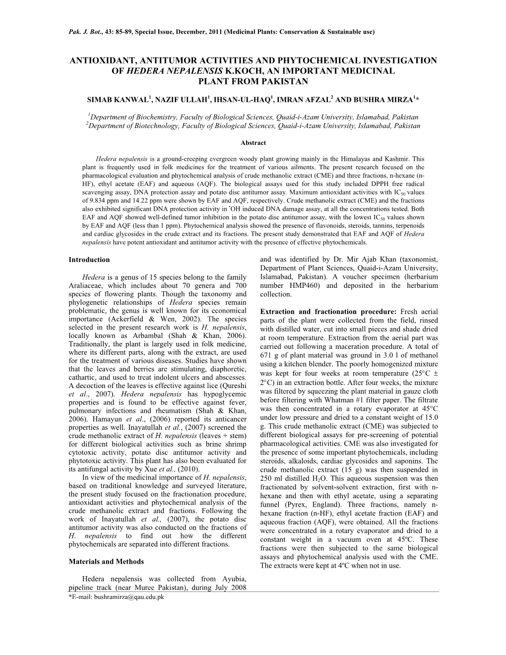 Antioxidant, Antitumor Activities and Phytochemical Investigation of Hedera Nepalensis K.Koch, an Important Medicinal Plant from Pakistan