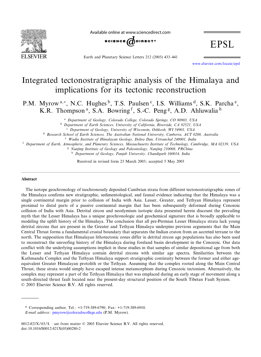 Integrated Tectonostratigraphic Analysis of the Himalaya and Implications for Its Tectonic Reconstruction