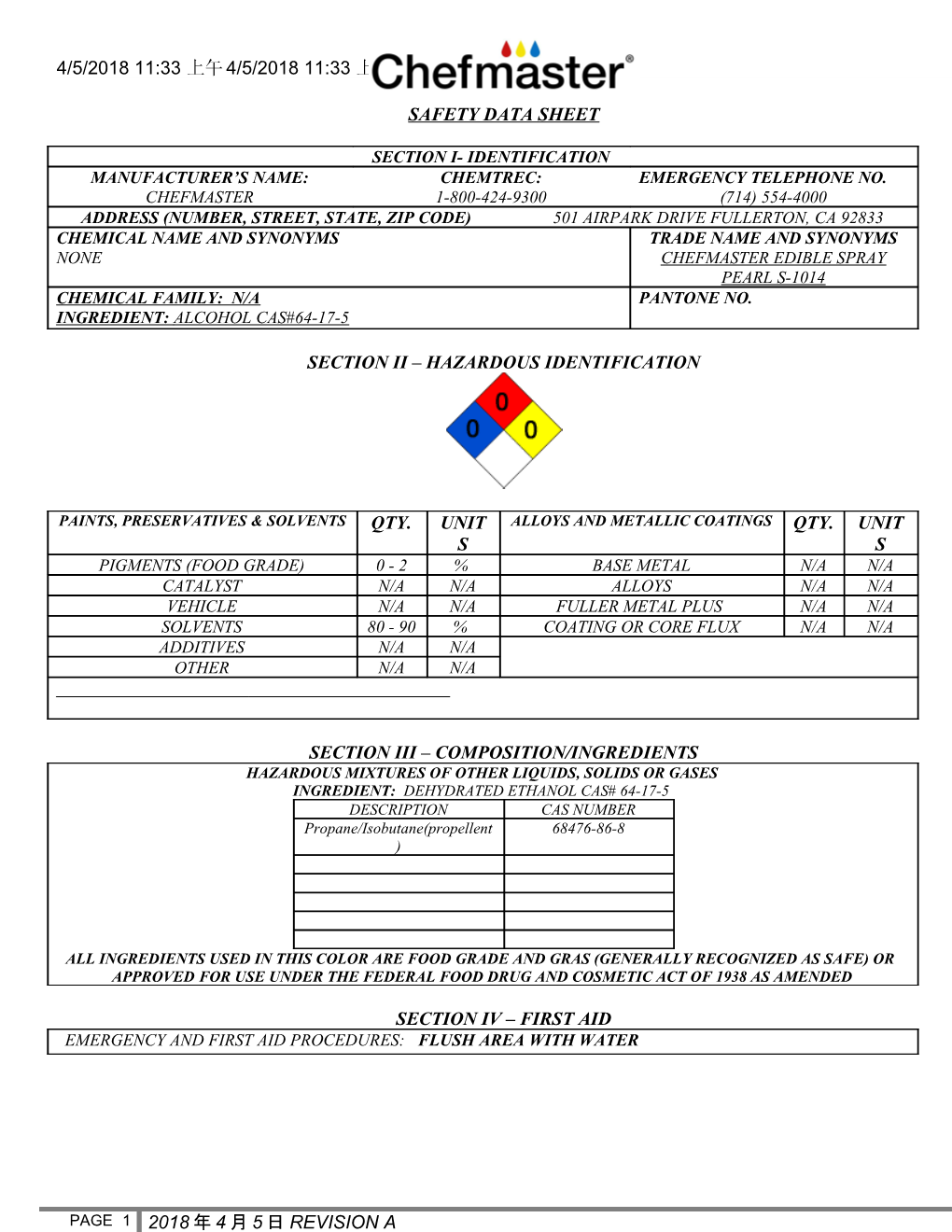 Material Safety Data Sheet s18