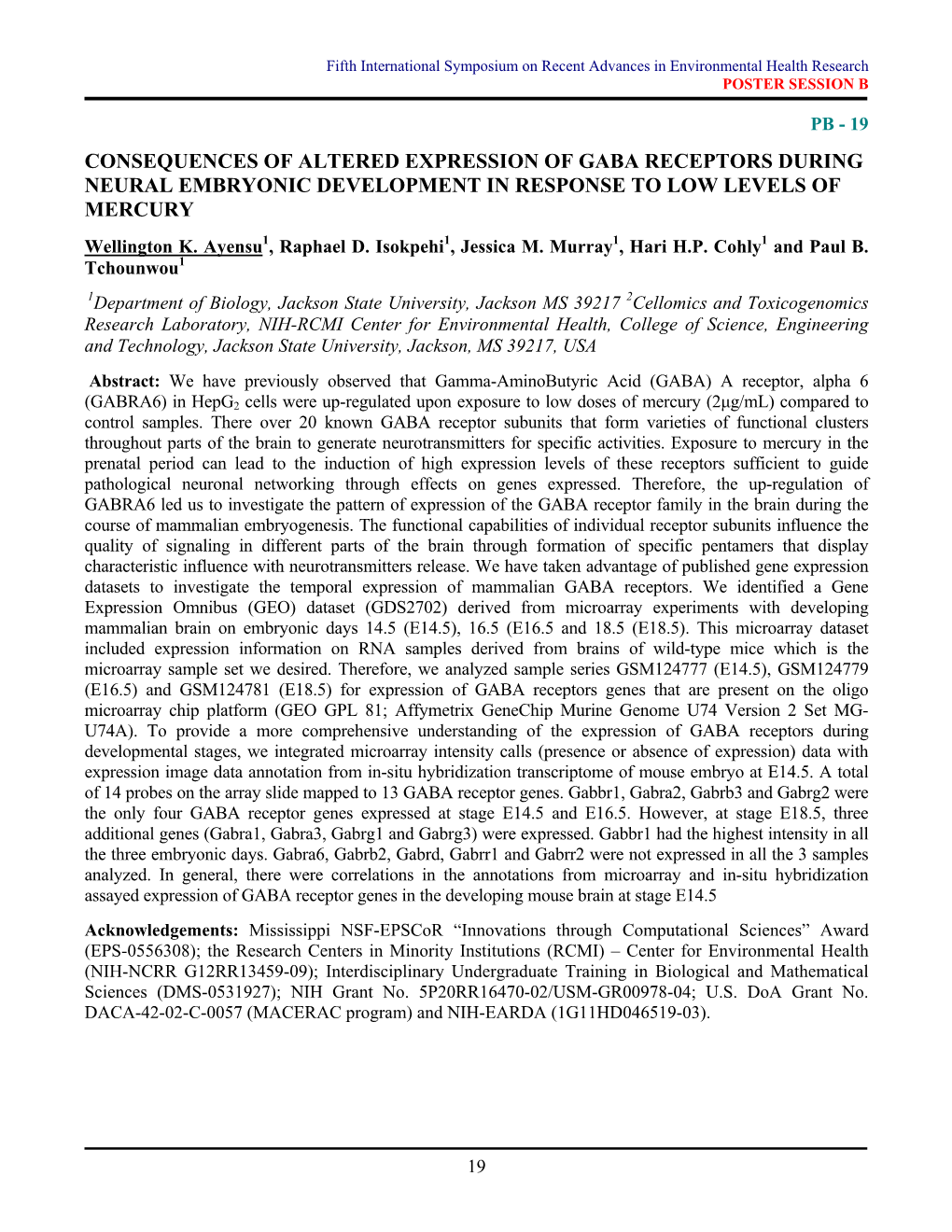 Consequences of Altered Expression of Gaba Receptors During Neural Embryonic Development in Response to Low Levels of Mercury