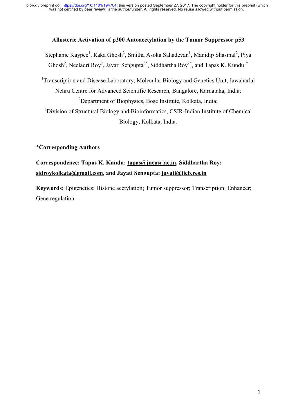 Allosteric Activation of P300 Autoacetylation by the Tumor Suppressor P53