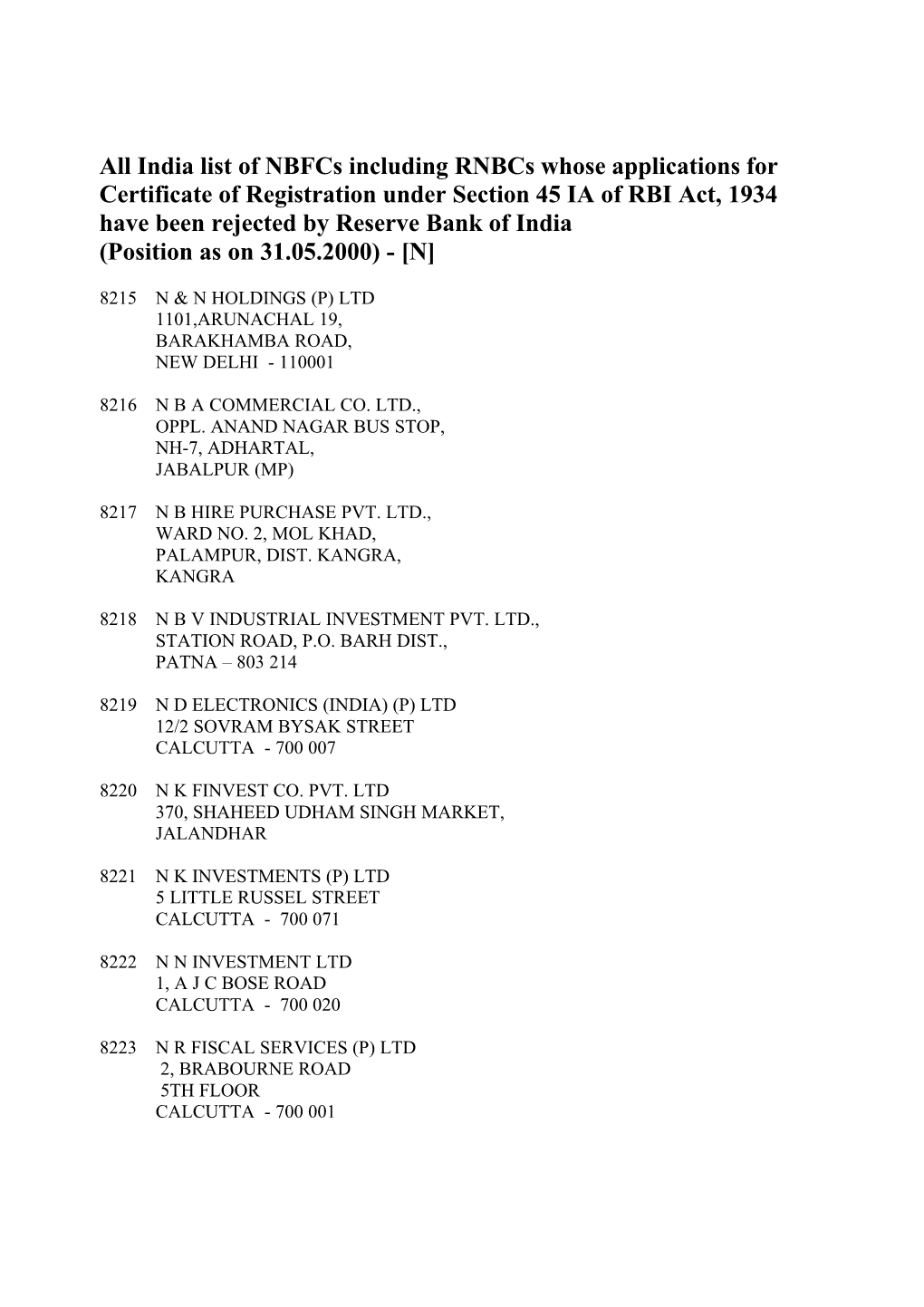 India List of Nbfcs Including Rnbcs Whose Applications for Certificate Of
