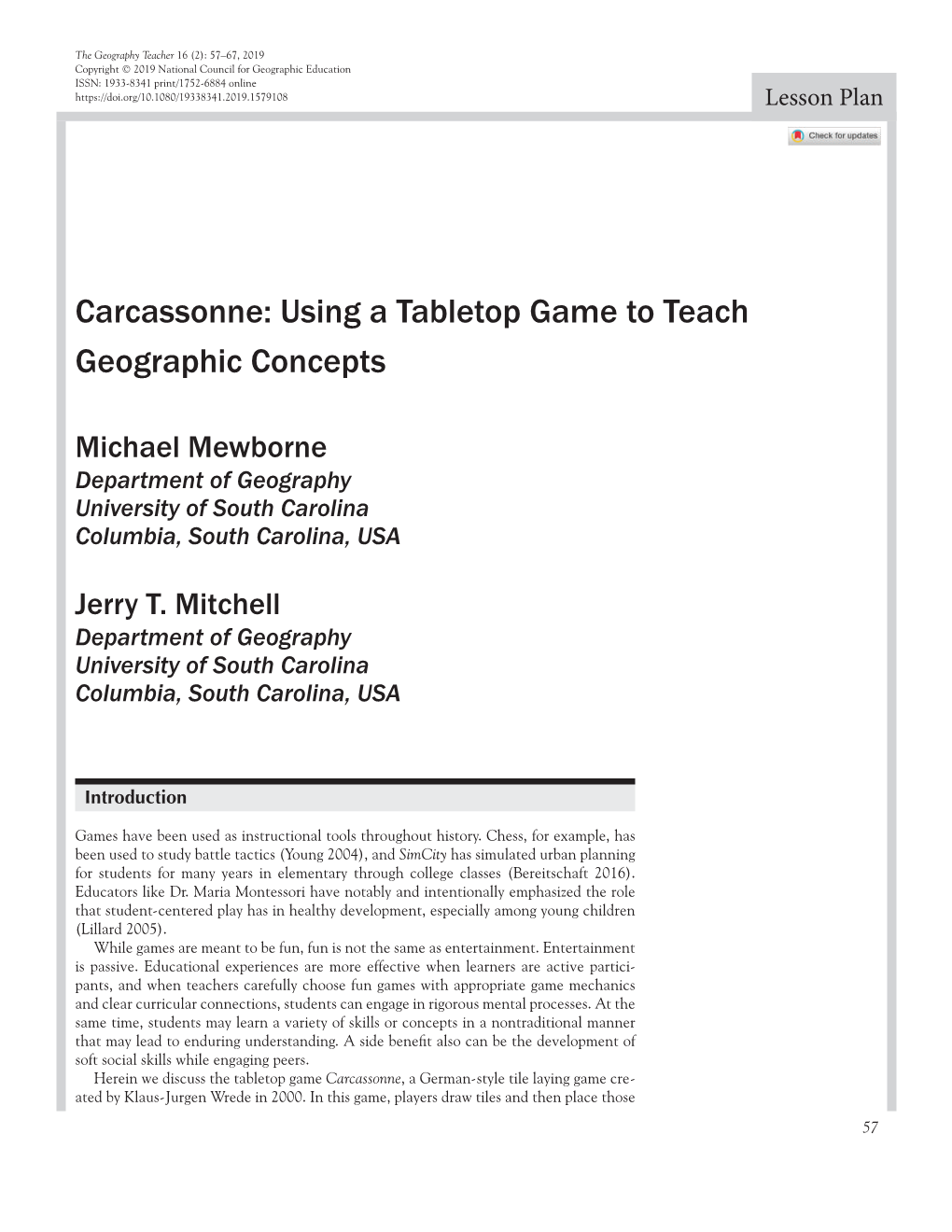 Carcassonne: Using a Tabletop Game to Teach Geographic Concepts