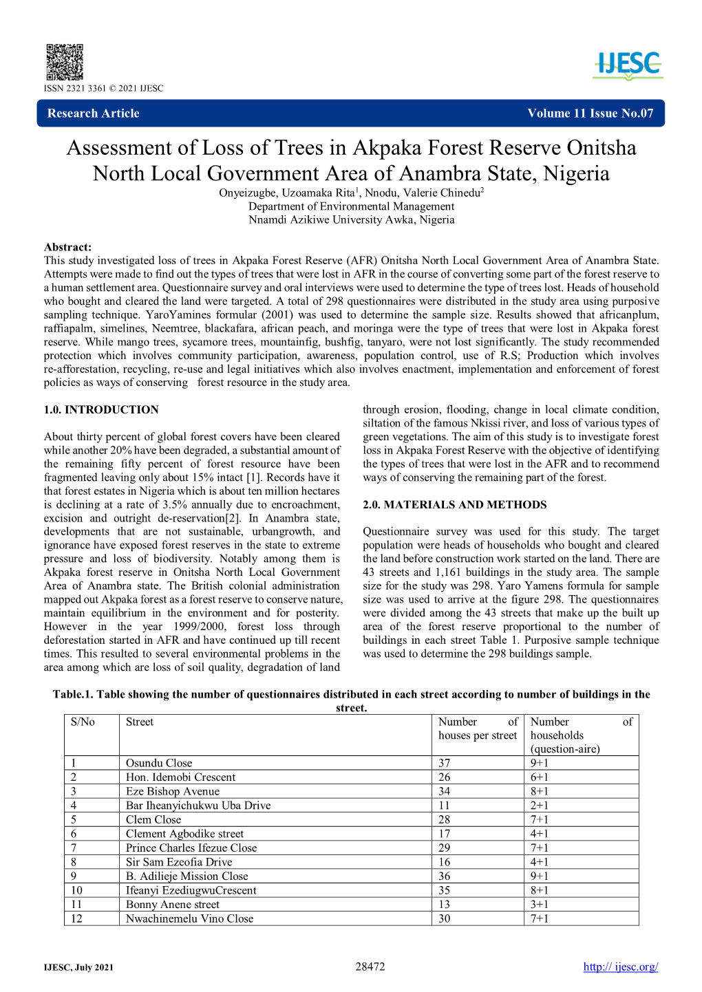 Assessment of Loss of Trees in Akpaka Forest Reserve Onitsha North Local Government Area of Anambra State, Nigeria