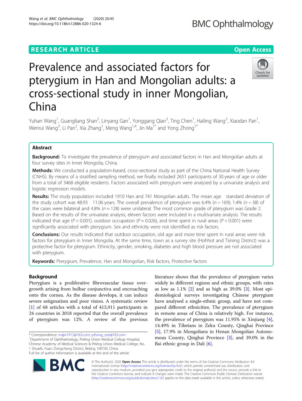 Prevalence and Associated Factors for Pterygium in Han and Mongolian Adults: a Cross-Sectional Study in Inner Mongolian, China