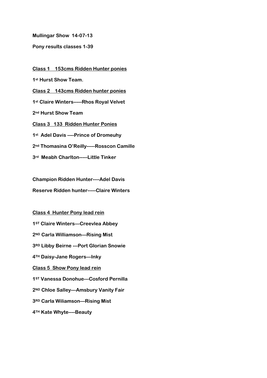 Mullingar Show 14-07-13 Pony Results Classes 1-39 Class 1 153Cms