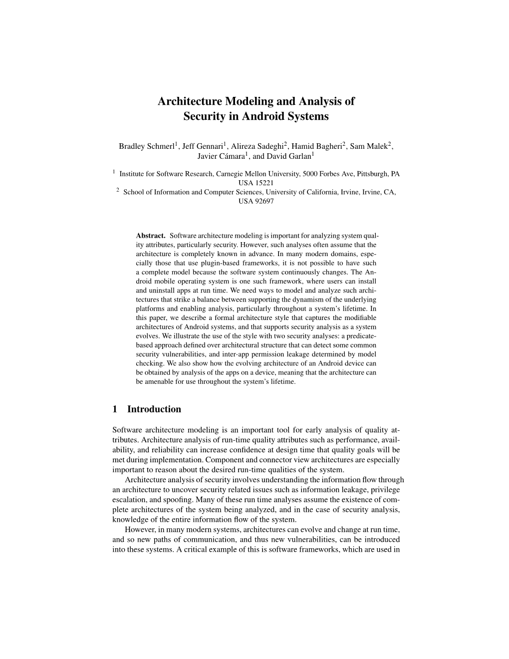 Architecture Modeling and Analysis of Security in Android Systems